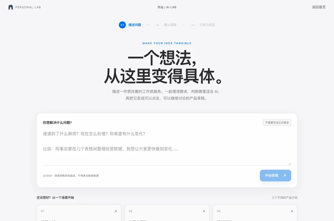 AI 工作台的实际界面:从业务想法开始梳理需求