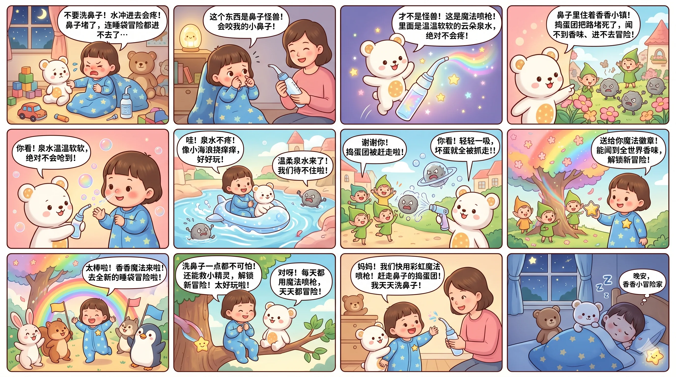 小麦子的生活漫画:把洗鼻子画成一场彩虹冒险